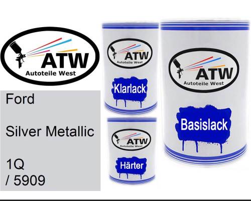 Ford, Silver Metallic, 1Q / 5909: 500ml Lackdose + 500ml Klarlack + 250ml Härter - Set, von ATW Autoteile West.